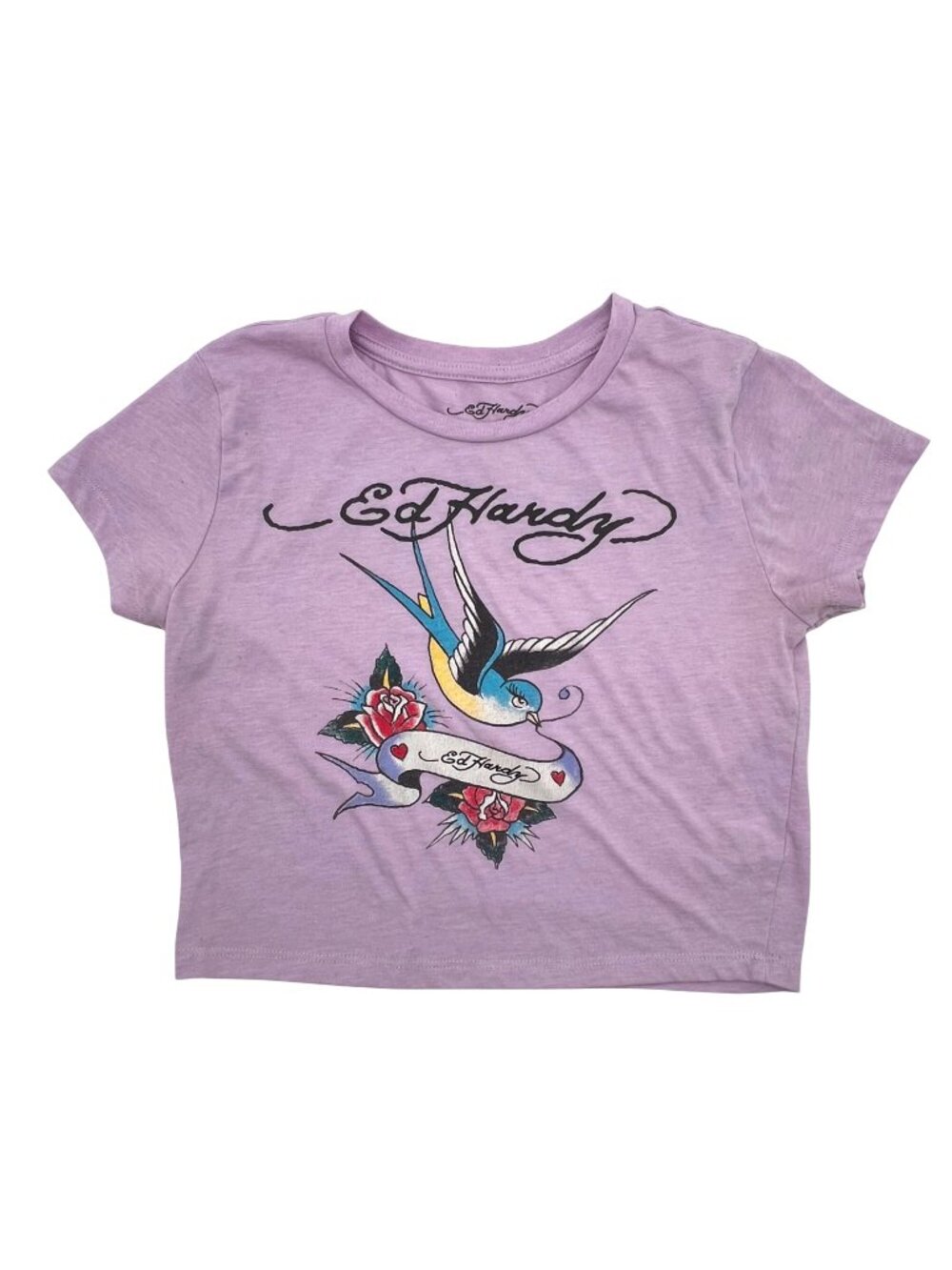 Ed Hardy Womens Crop Top T-Shirt Size M (15" Length) Lavender Swallow Bird Rose